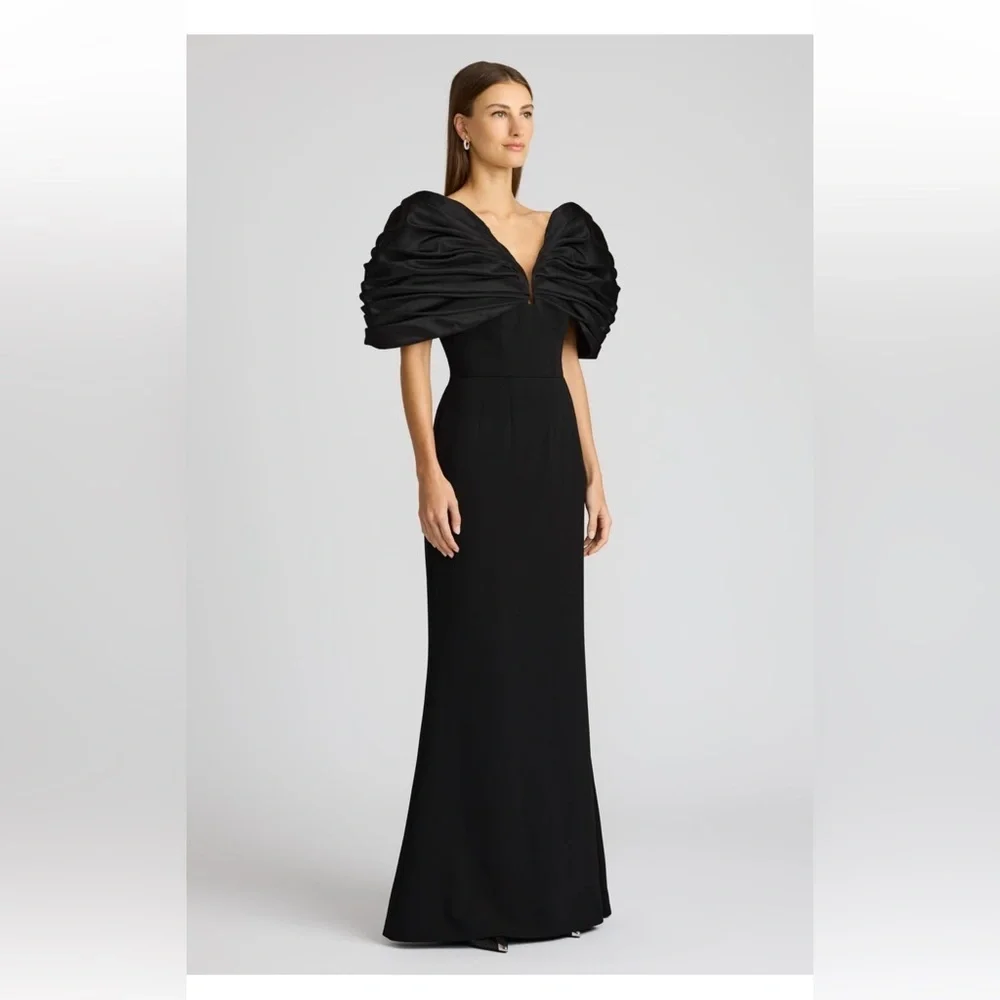 ZAC POSEN Black Puff Sleeves Maxi Mermaid Dress - Picture 2 of 14